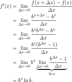 \begin{align*} f'(x) &= \lim_{\Delta x \to 0} \frac{f(x + \Delta x) - f(x)}{\Delta x}\\ &= \lim_{\Delta x \to 0} \frac{b^{x + \Delta x} - b^x}{\Delta x}\\ &= \lim_{\Delta x \to 0} \frac{b^x b^{\Delta x} - b^x}{\Delta x}\\ &= \lim_{\Delta x \to 0} \frac{b^x (b^{\Delta x} - 1)}{\Delta x}\\ &= \lim_{\Delta x \to 0} b^x \underbrace{\lim_{\Delta x \to 0} \frac{b^{\Delta x} - 1}{\Delta x}}_{\ln x}\\ &= b^x \ln b. \end{align*}